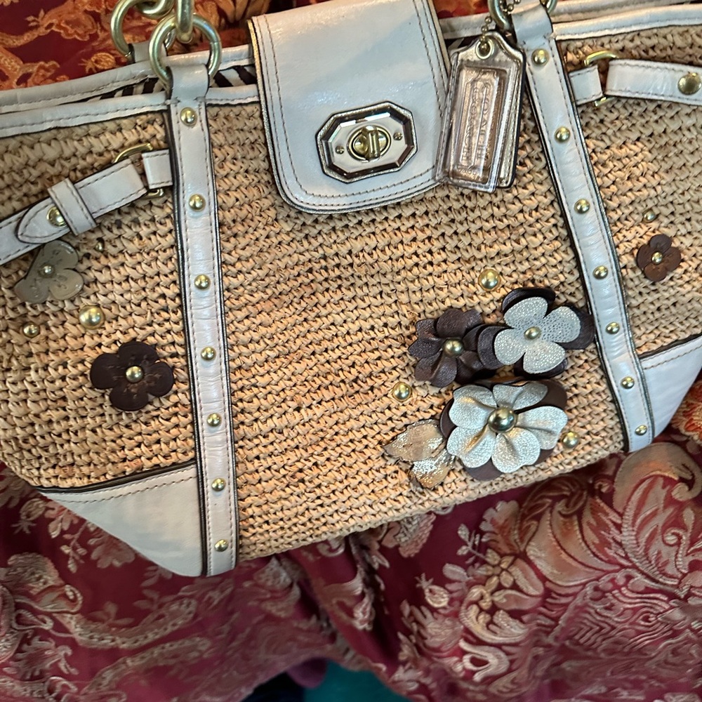 Coach tote cream snd straw with flower embellishments and gold studs